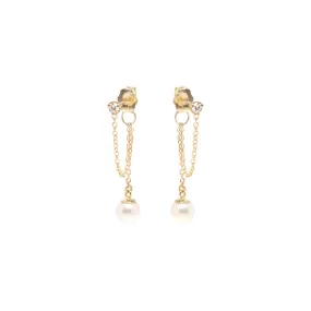 14k Prong Diamond Chain Huggie Earrings with Pearl Drop