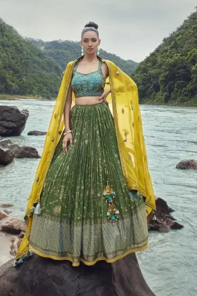 30Z270-RO Green- Blue Organza Lehenga with Yellow Dupatta