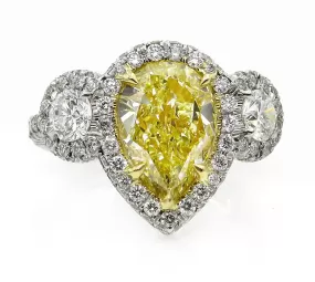 4.10ctw Natural Fancy YELLOW PEAR Shaped Diamond Diamond 3 Stone Halo Pave Platinum RING