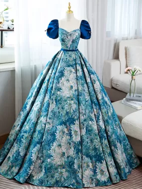 A-Line Puff Sleeves Satin Blue Long Prom Dress, Blue Long Formal Dress