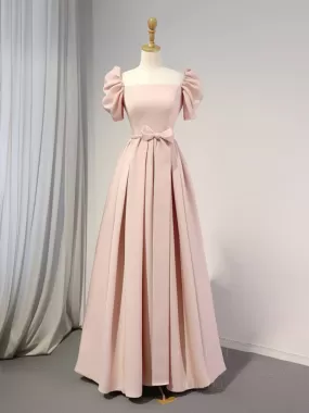 A-Line Puff Sleeves Satin Pink Long Prom Dress, Pink Long Bridesmaid Dress