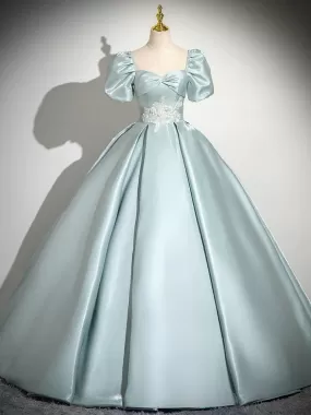 A-Line Sweetheart Neck Puff Sleeves Satin Blue Long Prom Dress, Blue Long Formal Dress