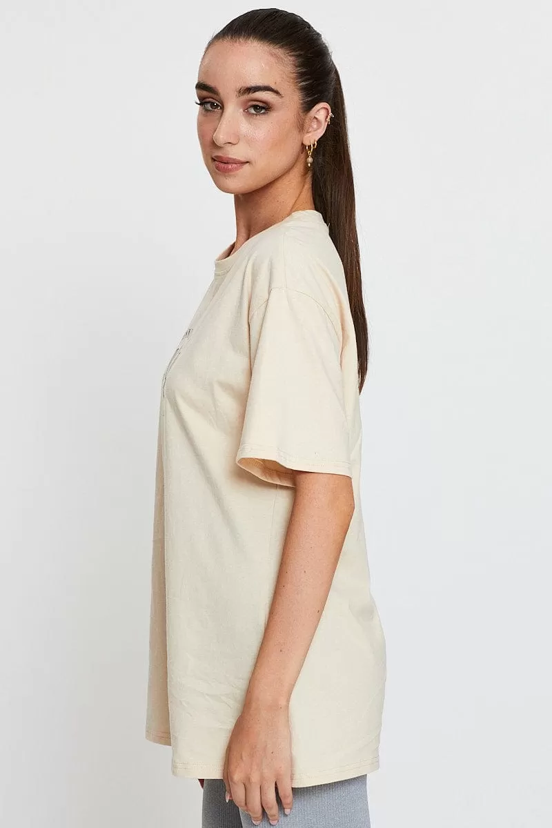 Beige Graphic T Shirt Short Sleeve Oversized