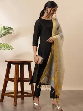 Black Poly Silk Solid Kurta with Pant and Dupatta