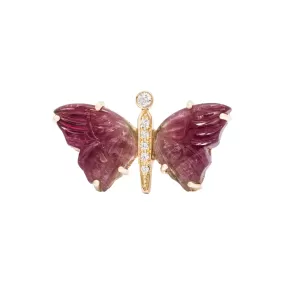 Carved Dark Pink Tourmaline Diamond Butterfly Ring