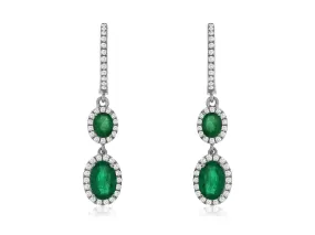 Emerald and Diamond Dangle Earrings, 14K White Gold