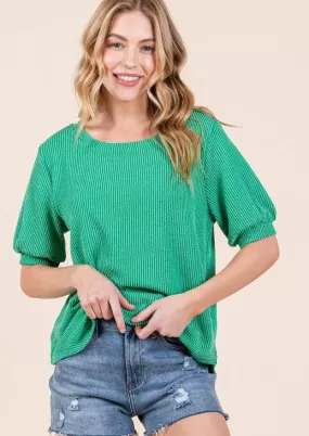 FINAL SALE - Kelly Green Ribbed Puff Sleeve Top