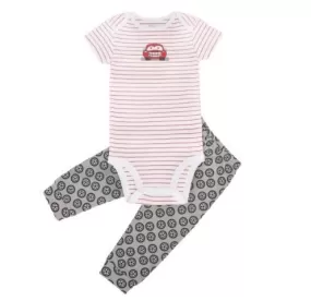 Kaarpas 100% Premium Organic Cotton 2 Piece Car & Wheels Print Bodysuit Onesie & Pant Set White With Red Lines & Grey Pant (KAON1025) (Certified ORGANIC) - 1 Pc (0 To 3 Months)