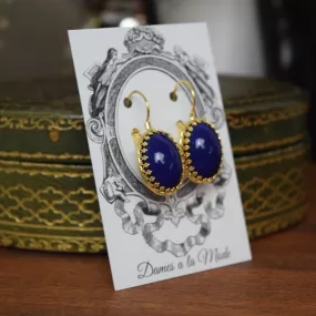 Lapis Lazuli Blue Glass Crown Earrings - Large Oval