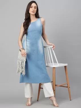 Light Blue Denim Solid Straight Kurta