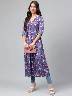 Navy Blue Satin Digital Floral Printed Gathered Kurta