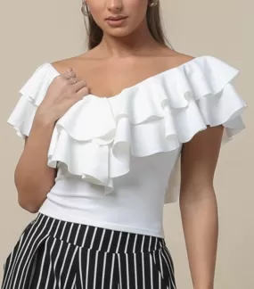 V neck ruffle top - white